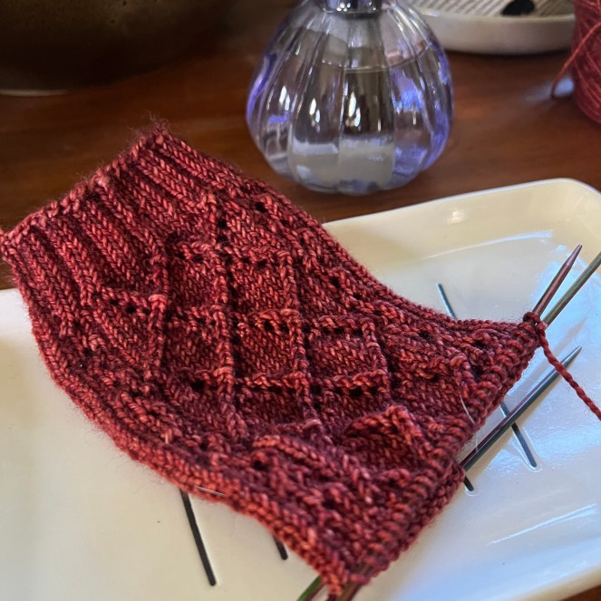 A close-up view of a hand-knit sock in progress, showcasing a textured pattern in a warm cinnamon color, placed on a white dish with knitting needles and a glass vase in the background.