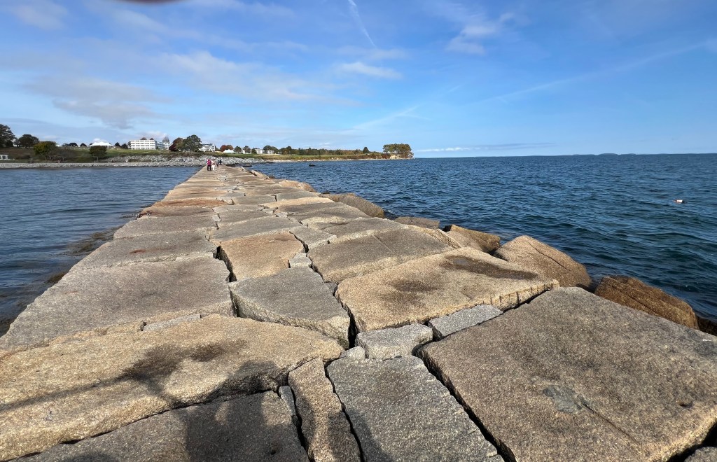 A rocky jetty extending into the calm ocean water under a clear blue sky, with a few people walking in the distance.