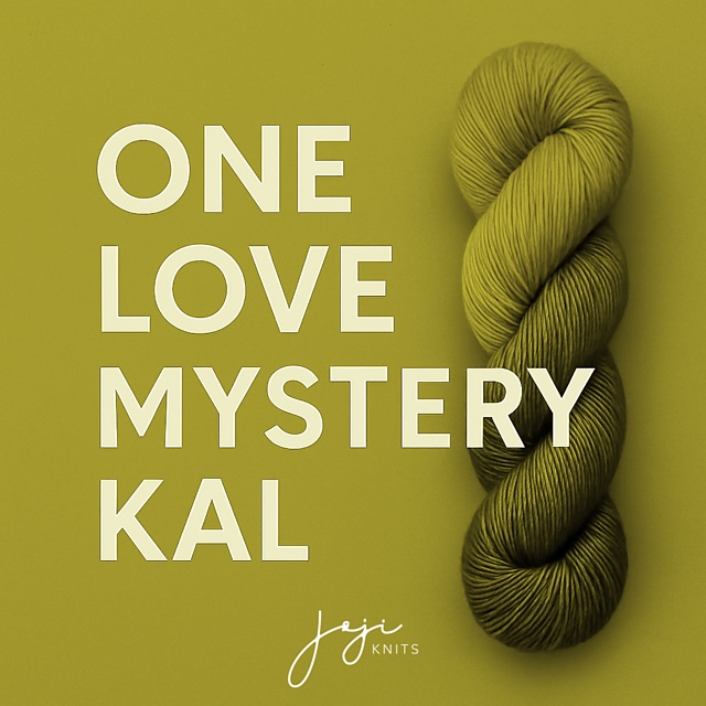 Image featuring a skein of green yarn with the text 'ONE LOVE MYSTERY KAL' and 'Joji Knits' on a solid green background.